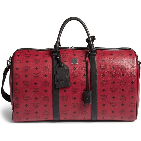 red mcm duffle bag